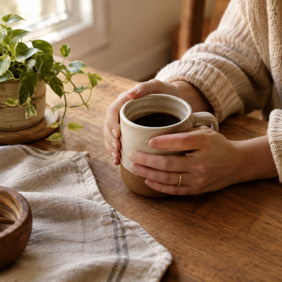 Hands holding a warm mug of coffee